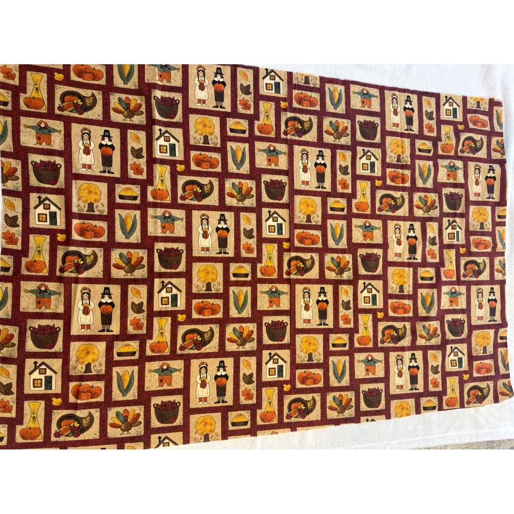 Thanksgiving Harvest Fabric Primitive Folk Art Pilgrim Turkey Cotton 44x32